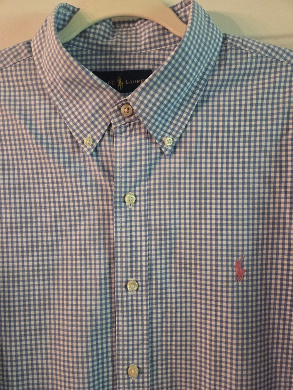 Ralph Lauren Oxford Shirt Mens XL Blue Check Pink Pony Button Down